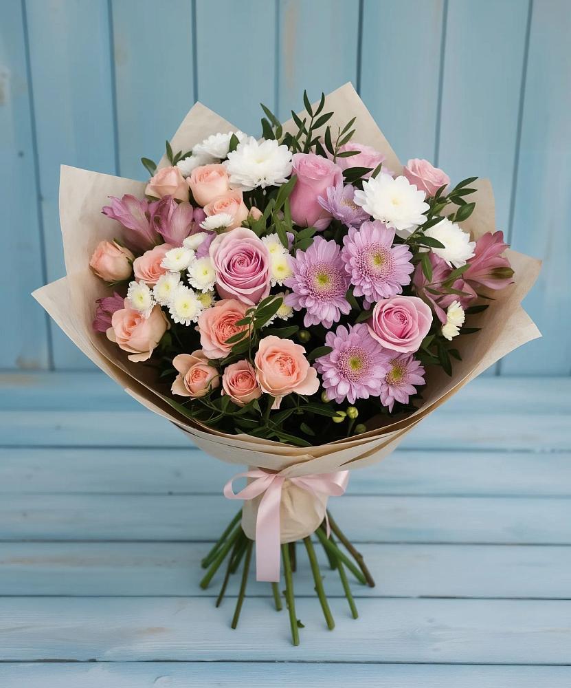 Букет цветов из: Хризантемы, Розы и Альстромерии в Приморском