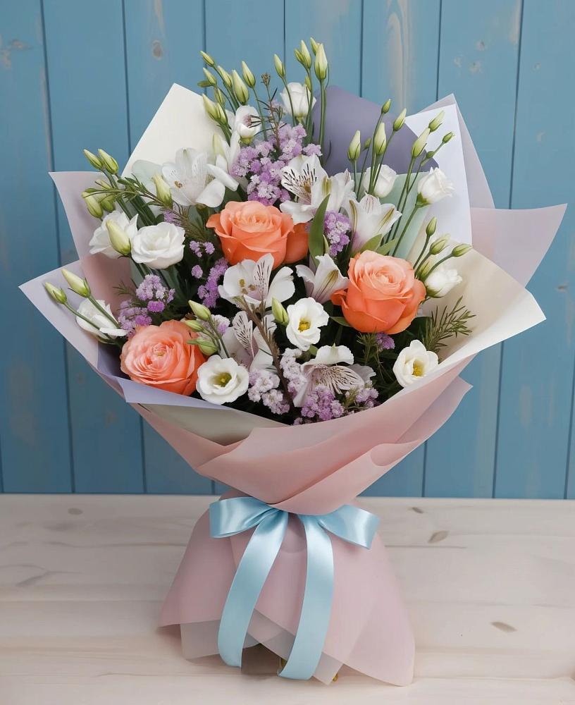 Букет цветов из: Лизиантусы, Розы, Альстромерии и Гипсофила в Приморском