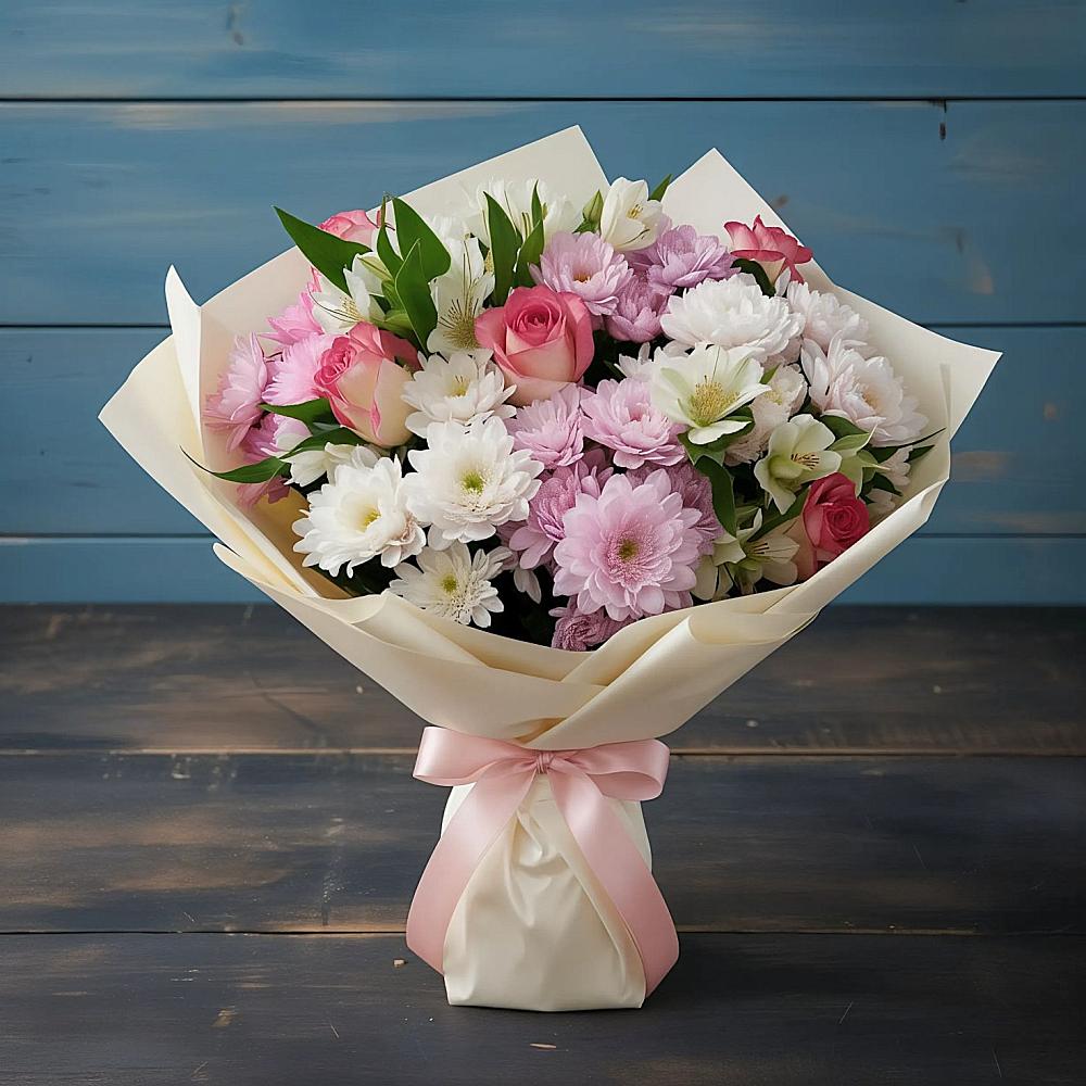 Букет цветов из: Хризантемы, Альстромерии и Розы в Приморском